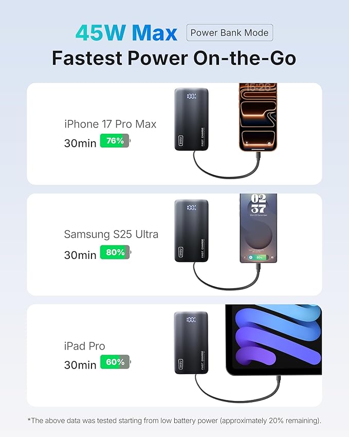 INIU 3-in-1 Portable Charger, 45W 10000mAh Fast Charging Power Bank, Built-in USB C Cable & Foldable Wall Plug, Travel Essentials, Battery Pack for iPhone 17 16 15 Series, Samsung, MacBook, etc. Green