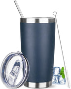 20 oz Tumbler with Lids and Straws, Stainless Steel Insulated Travel Coffee Mug, Double Wall Vacuum Insulated Tumblers, Powder Coated Coffee Tumbler for Cold & Hot Drinks (Navy Blue)