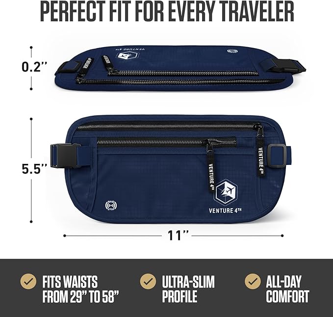 VENTURE 4TH Money Belt for Travel – Slim Hidden Under-Clothes RFID Blocking Anti-Theft Passport Holder & Travel Wallet Pouch for Men & Women to Protect Cash, Cards & Documents (Navy Blue)