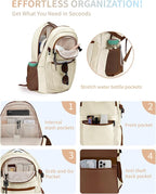 ECOHUB Travel Backpack for Women, 17.3 inch Suspended Laptop Backpack, Fashion Water-Resistant College Computer Bookbag, 28L Personal Item Bag with 12 Pockets for Causal, Work, Cream & Brown