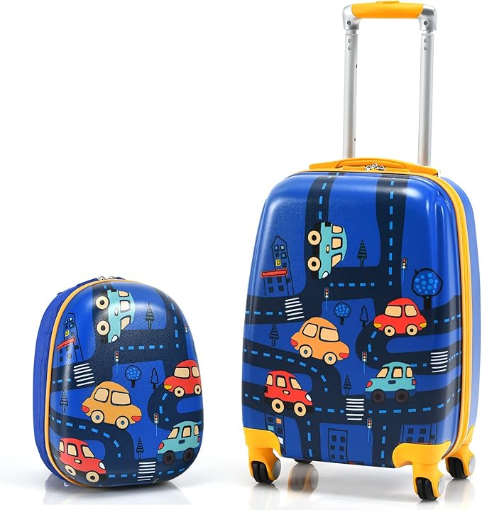 BABY JOY 2 PC Kids Carry On Luggage Set, 12” Backpack & 18” Toddler Suitcase, Hard Shell Travelling Case & Backpack w/ 4 Rotating Casters, Cute Rolling Trolley Case for Boys & Girls (Car)