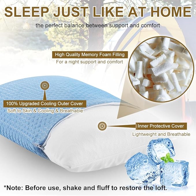 Ivellow Travel Pillow Camping Pillow for Sleeping Cooling Shredded Memory Foam Pillow Compressible Compact Medium Firm,Breathable,Ideal for Adults Kids Outdoor Backpacking Hiking Essential Gear Blue M