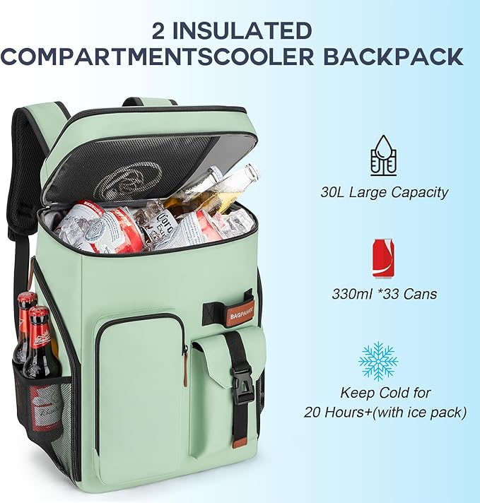 BAGPARKK Insulated Cooler Backpack,33/45 Cans Multifunctional Double Deck Leakproof Cooler Bag with Sternum Strap,Large Capacity Lightweight Travel Camping Beach Backpack