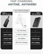 Portable Charger, 20000mAh PD20W USB C Power Bank Fast Charging with Built-in Cables & Wall Plug, External Battery Pack with LED Display, Travel Essentials Battery Bank for iPhone iPad Samsung White