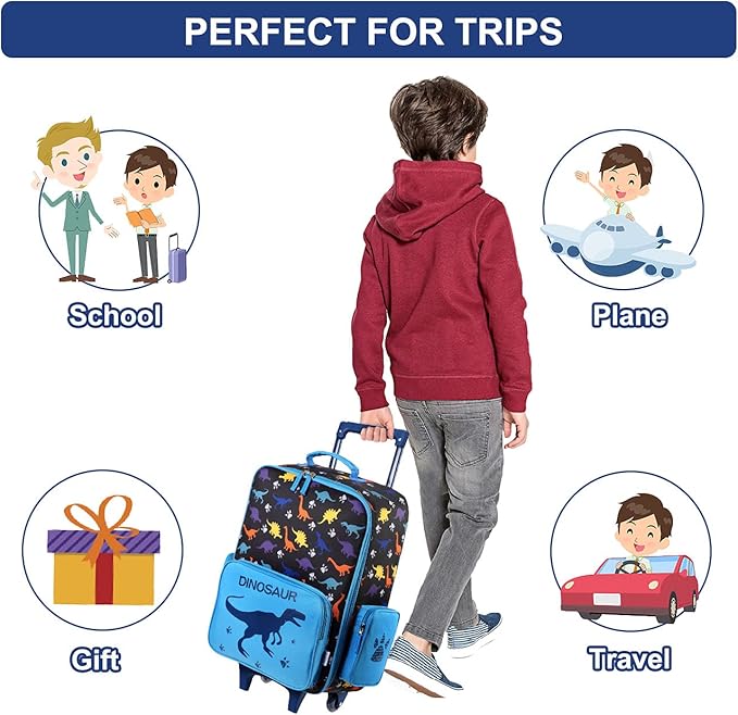 VASCHY Kids Luggage for Boys, Cute Rolling Travel Carry on Suitcase for Toddlers/Children with Wheels 18inch Dinosaur