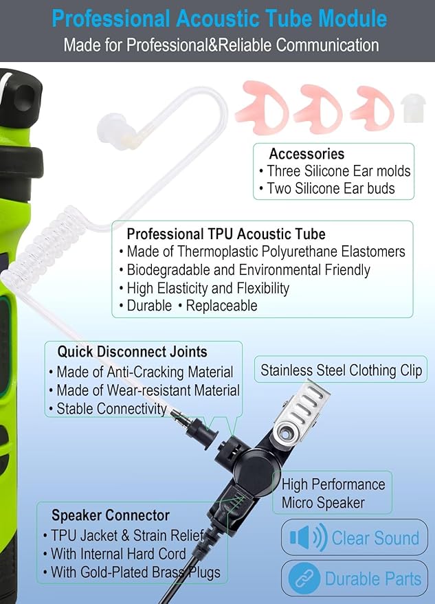 commountain 3.5mm Listen Only Earpiece Compatible with Speaker Mic, Acoustic Tube Receive Only Headset with 3 Earmolds, for Police Security and Law Enforcement Use