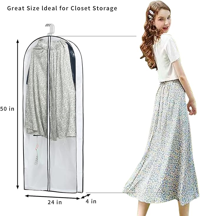 MsKitchen Hanging Clothes Storage with 4" Gusseted Garment Covers (Set of 6) - Clear Suit, Gown, Long Coat, Dress Protectors for Closet - 24"x 50"x 4" / 6 Pack