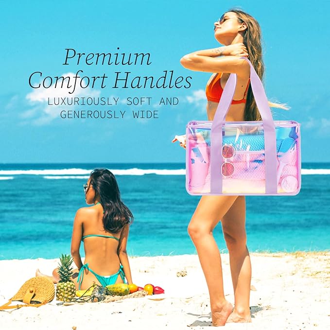 Fammart Iridescent Clear Beach Bag for Women, Jelly Tote Bag Waterproof Sandproof Pool Bag Cruise Vacation Essentials