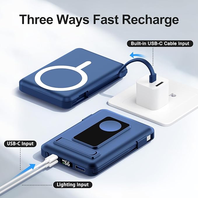 for Magsafe Battery Pack, 10000mAh Power Bank for iPhone with Built-in Cables, 20W Fast Charging Magnetic Wireless Portable Charger with Stand for iPhone 17/16/15/14/13/12/Apple Watch Series