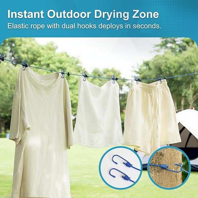 2 Pack Retractable Portable Clothesline, Windproof Clothes Line for Outdoor Camping, Travel, Laundry Drying with 12 Clips for Cruise, Hotel & Home-Sapphire Blue & Sky Blue