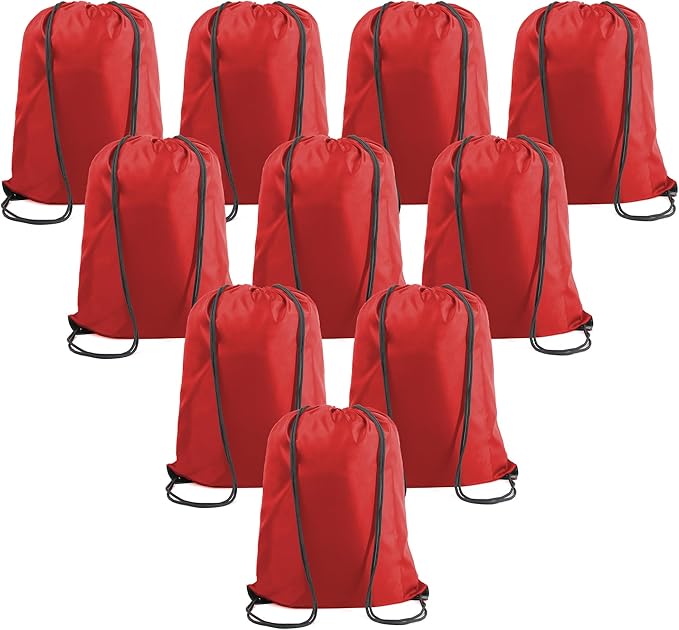 BeeGreen Red Drawstring Backpack Bags Bulk 10 Pack X-Large 22.4" L x 17.5" W Sports Cinch Sackpack Gym String Bags Machine Washable Heavy Duty for Men Women