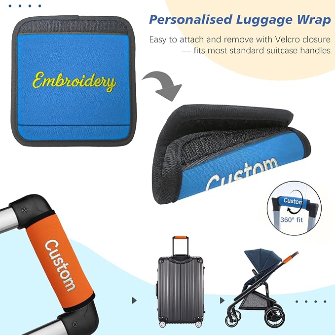 6 Pack Personalized Luggage Handle Wrap with Embroidered Name Custom Soft Grip Handle Cover for Suitcase, Travel Bag Machine Washable Luggage Identifier for Airplane, Cruise, Road Trip