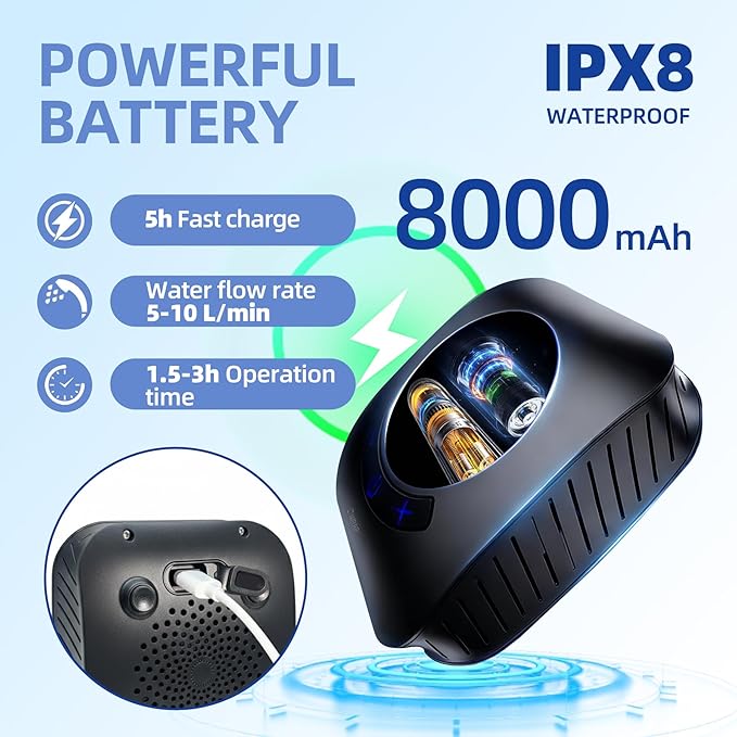 Portable Shower for Camping, Filtered Camping Shower, IPX8 Waterproof，6000mAh Rechargeable Outdoor Camp Shower Pump with LED Display, 4 Spray Modes for Hiking, Travel, Pet
