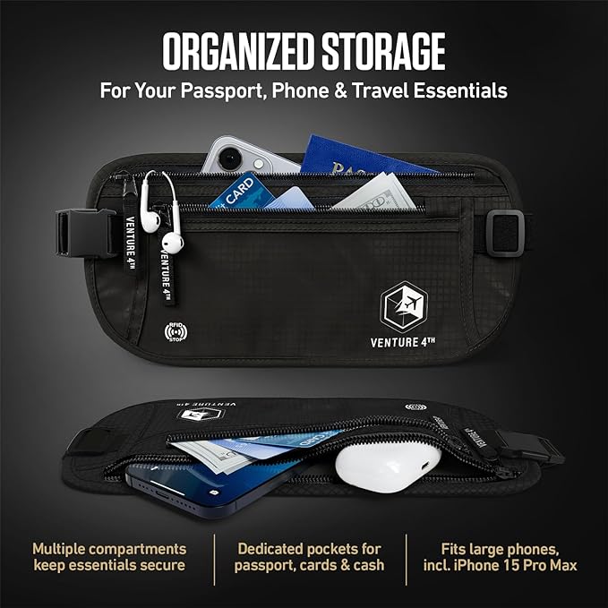 VENTURE 4TH Money Belt for Travel – Slim Hidden Under-Clothes RFID Blocking Anti-Theft Passport Holder & Travel Wallet Pouch for Men & Women to Protect Cash, Cards & Documents (Pure Black)