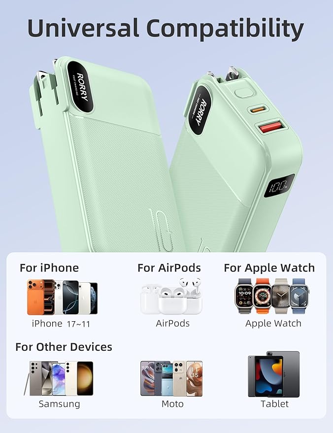 RORRY Portable Charger Built in Cables, AC Wall Plug In Portable Charger Power Bank 10000mAh Travel Battery Pack 22.5W Fast Charging for iPhone 17/16/15 Samsung Galaxy S25/S24/S23 Pixel LG iPad, Green