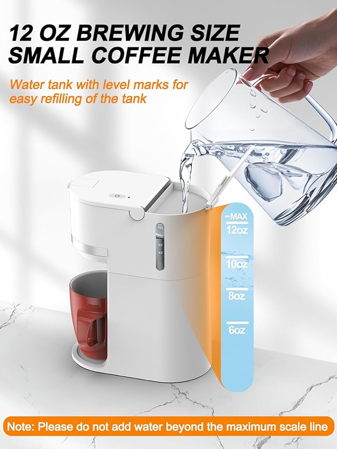 Single Serve Coffee Maker for K-Cup and Ground Coffee,Fast Brew,6-12 oz Brew Sizes One Cup Coffee Machine Fits 5.5" Mugs,One-Button Small Coffee Maker with Descaling Reminder,White,9.45 Inches