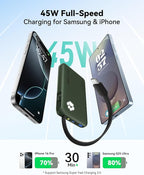 INIU 45W Power Bank, Fast Charging Portable Charger with Built-in USB C Cable, 10000mAh Small Type C Powerbank, Battery Pack for iPhone 17 16 15 14, iPad, Samsung S25 S24 etc Travel Camping, Green