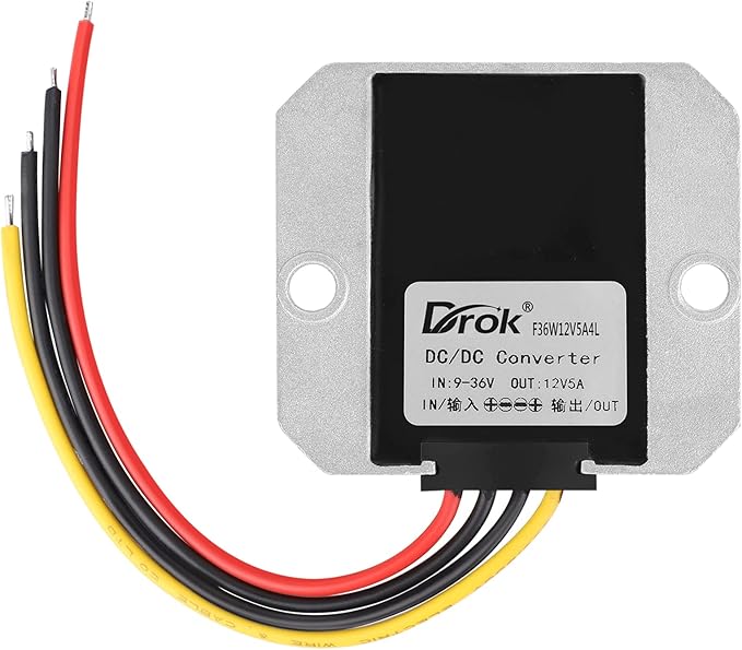 DROK Boost Buck Converter 9V-36V to 12V 5A 60W Aluminium Shell Waterproof Auto Step Up Down Voltage Regulator 12V Volt Transformer for Car Audio Solar Power System LCD Television LED Display Screen