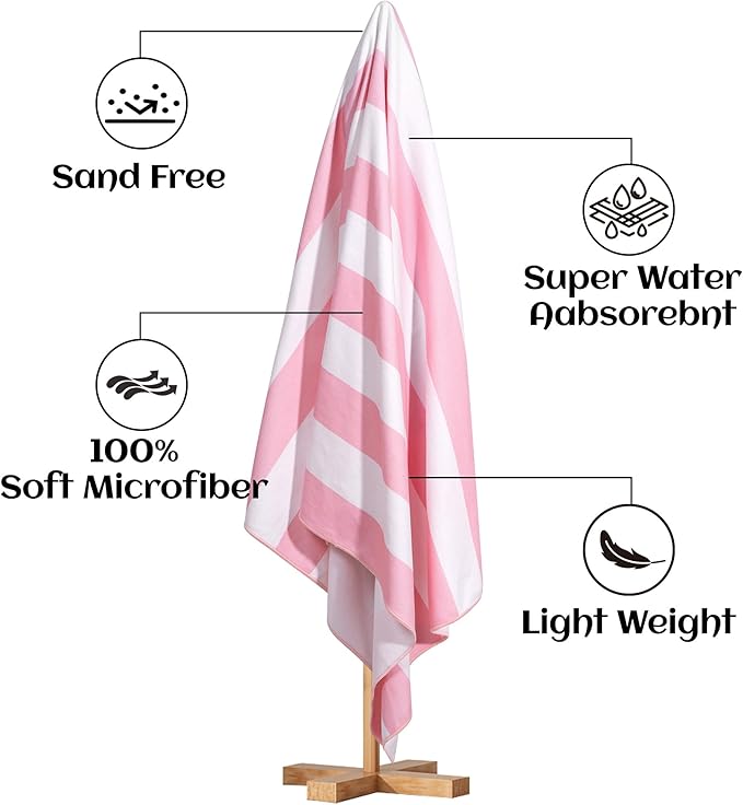 Touchat 4 Pack Beach Towels Cabana Stripe 280GSM Polyester Lightweight Quick-Dry Swim Pool Towel, 30'' x 60'' Oversized Compact Travel Bath Towel, Camping | Ultra-Portable, Multi-Functional, Pink