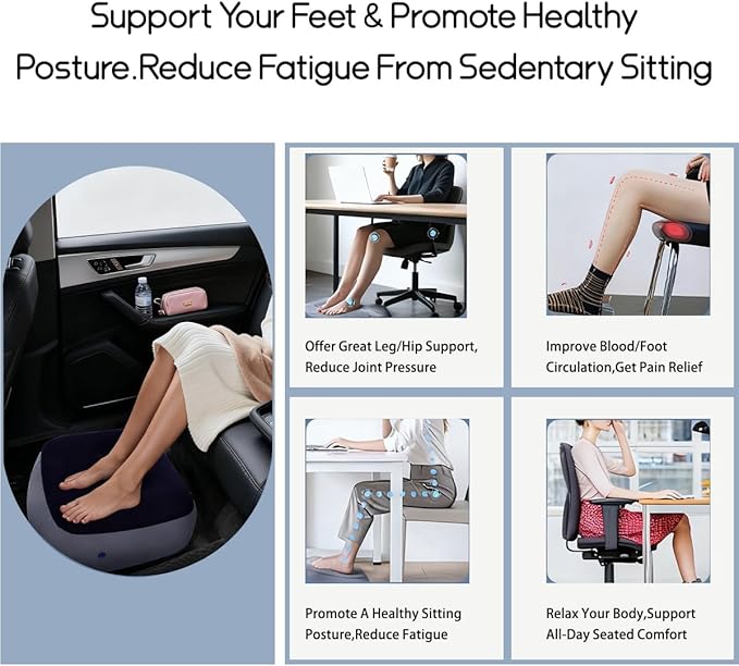 Inflatable Foot Rest for Travel, Soft Flocking Airplane Leg Rest Pillow, Portable Cushion Ottoman for Flights, Office, Home, Camping (Gray)