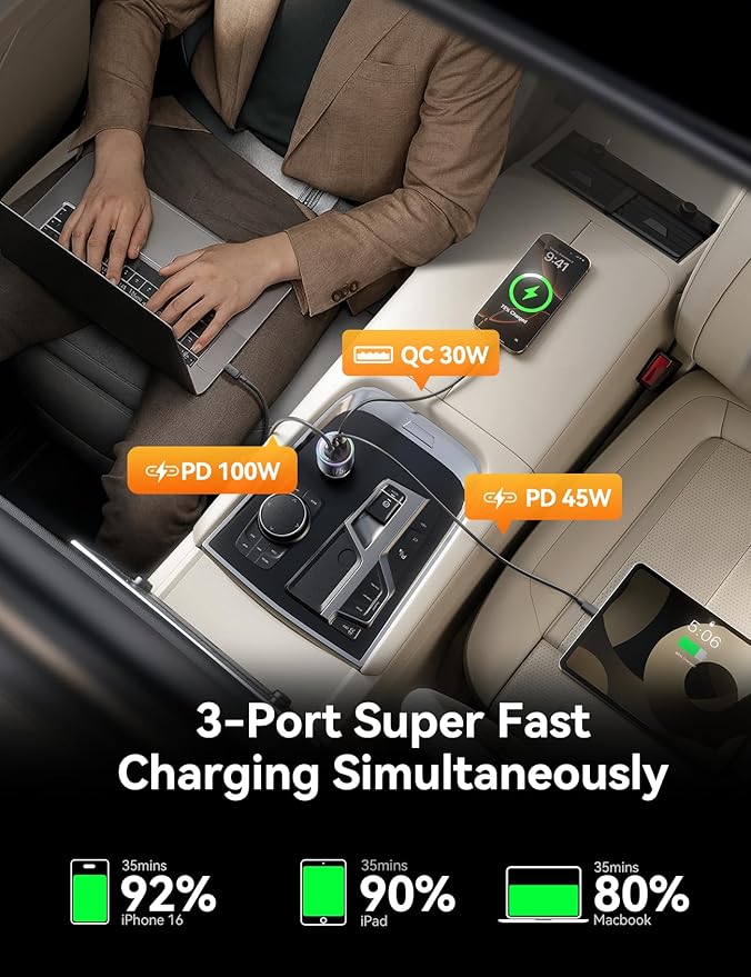 JOYROOM 175W USB C Car Charger Fast Charging, 3-Port Car Phone Charger PD100W+45W+USB30W Type C Car Charger Adapter with 100W USBC Cable Compatible with iPhone 16 Pro Max/16e, Samsung, iPad, Laptop