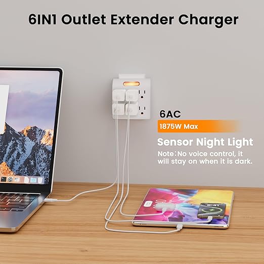 6-Outlet Extender, 3-Prong Grounded Wall Tap Adapter with LED Guide Light, 1875W Multiple Plug Electrical Outlets Splitter for Home, Office, Hotel, Travel, ETL Listed, Cruise Essentials, White