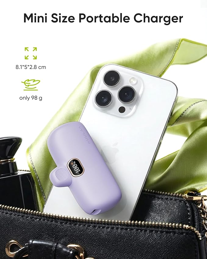 Kuulaa Portable Charger with Built-in Lightning Cable 5000mAh Small iPhone Fast Charging Mini Portable Phone Charger for iPhone 14/13/13 Pro/12/12 Pro/11/XR/XS/X/8/7/6, Purple