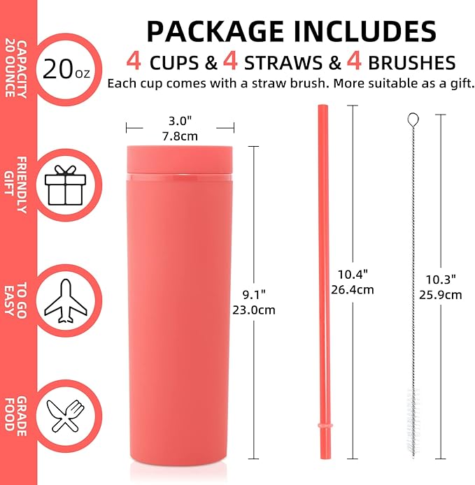 Volhoply 20oz Plastic Skinny Tumblers Bulk 10 Pack,Double Wall Tumbler with Lid and Straw,BPA Free Matte Acrylic Iced Coffee Cups with Straw,Reusable Travel Cute Mug for Party,DIY Gifts(Red, 10 Set)