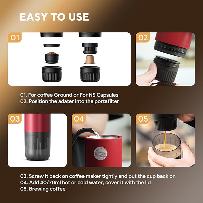Portable Espresso Machine, Travel Coffee Maker for Camping, Car Coffee Maker Self-Heating with USB-C, 20 Bar 2-in-1 Electric Coffee Maker With Ground Coffee & NS Capsule for RV, Hiking, Office(White)