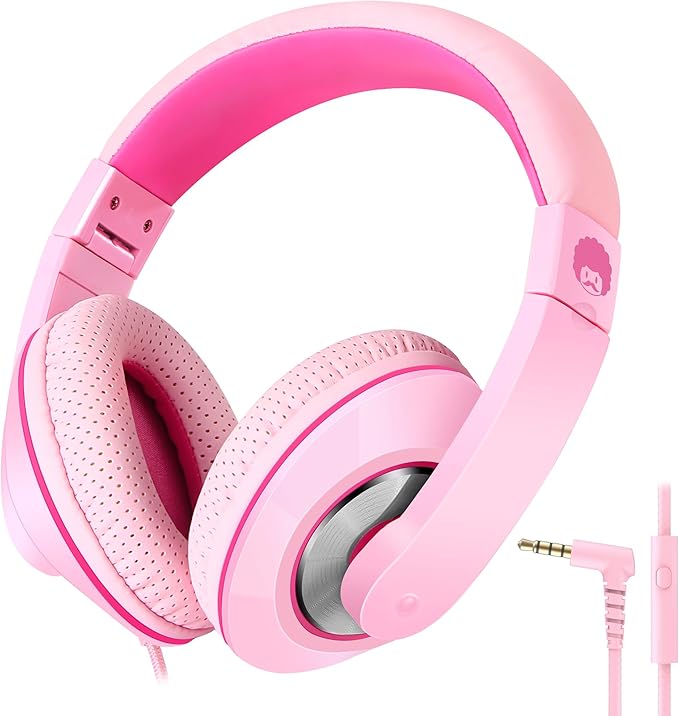 rockpapa Comfort+ Kids Headphones with Microphone, Boys Girls Student Over-Ear Headphones Wired Foldable for School Classroom Laptop PC Computer Tablet Pink