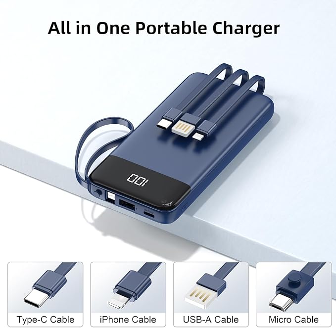Portable Charger Built-in Cables,10000mAh Power Bank for iPhone,Fast Charge USB C Battery Pack Travel Essentials Slim Lightweight Powerbank Compatible with iPhone 17/16/15/14, Samsung, Android, etc