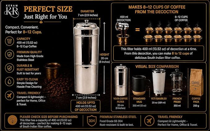 KERAM coffee filters indian style-drip coffee maker 400 ml(13.52 Oz) 8-12 cup-coffee bar accessories-madras coffee filter-dripper camping-hiking reusable/permanent slow metal filter pour over dripper