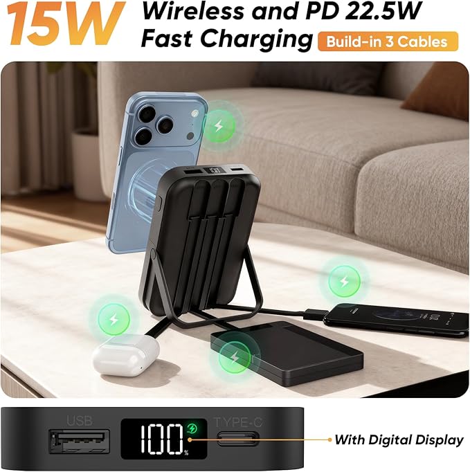 Power Bank 10000mAh Compatible with MagSafe, Magnetic Portable Charger with Digital Display, 15W Wireless Fast Charging, Built-in 3 Cables Compatible with iPhone 17/16/15/14/13/12 Series (Black)