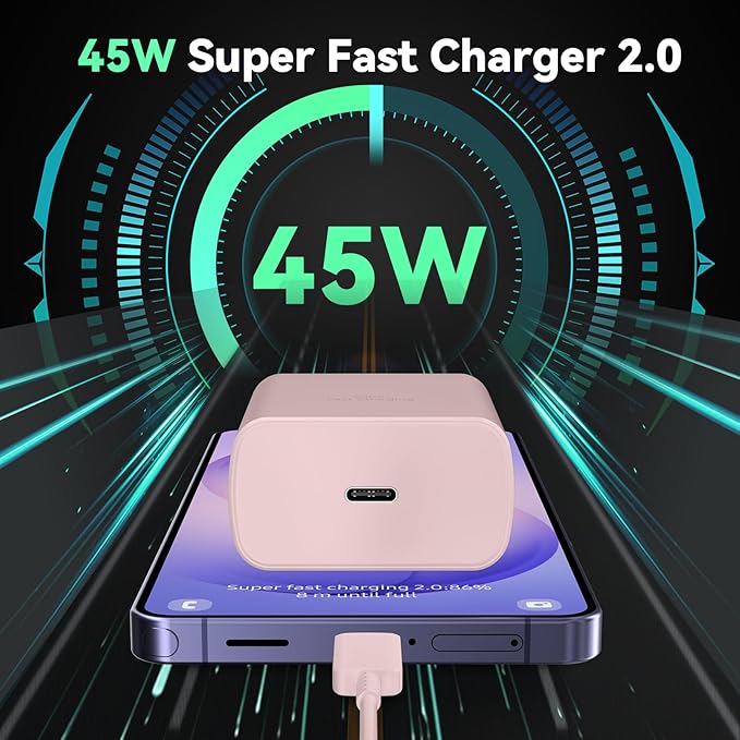 45W Super Fast Charger USB C Android Phone Type C Charger Fast Charging Block with 6.6FT Cord for Samsung Galaxy S26/S26 Ultra/S26+/S25 Ultra/S25/S24 Ultra/S24/S23 Ultra/S22/S21/S20/Note 10, Pink