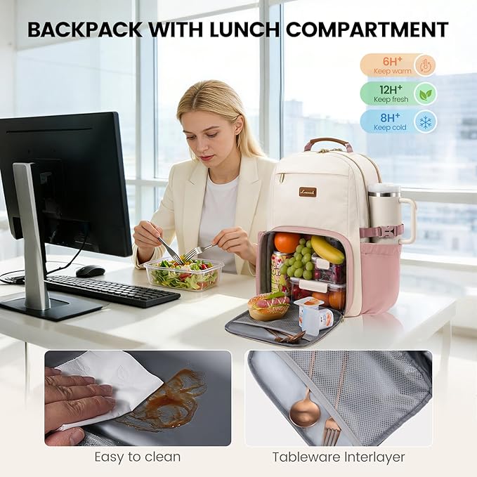LOVEVOOK Lunch Backpack with Lunch Compartment,17 Inch Laptop Work Travel Insulated Cooler Backpack, Waterproof College Teacher Lunch Bag Box with Tumbler Holder,Gifts for Men Women,Beige-Pink-Brown