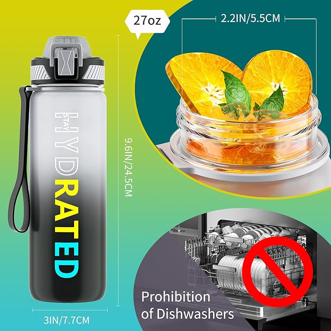 QLUR Water Bottle with Straw, 27oz Motivational Water Bottles with Time Marker to Drink, Tritan BPA Free, 750ml Sports Water Bottle with Carry Strap LeakProof for School Fitness Outdoor (1Pack)
