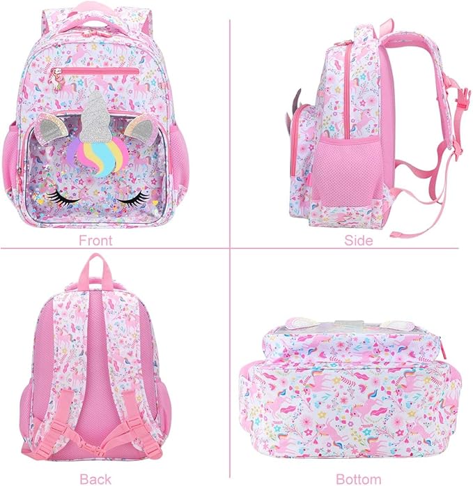 RHCPFOVR Kids Backpack for Girls - Unicorn Girls Backpack Ages 5-8, 15 Inch School Bookbag for Kindergarten Elementary School 1st 2nd Grade