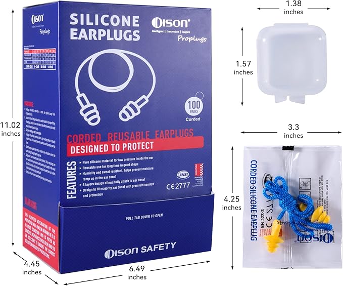 Dison 100Pairs Silicone Ear Plugs, 32dB Corded Reusable Earplugs for Hearing Protection, Noise Reduction for Shooting Range, Work, Travel