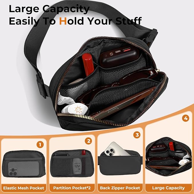 Belt Bag Zipper Fanny Pack Crossbody Bags for Women,Fashion Nylon Waist Packs, Water Repellent Two Way wear with Adjustable Strap Gifts for Teenage Girls Women Men(Black)