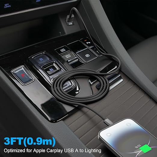 Snisre Car Carplay Cable, USB A to Lightning Cable 3FT Compatible with iPhone 14 13 12 11 Pro Max XR XS X Charger Cord，Car Charging Cord（Black）