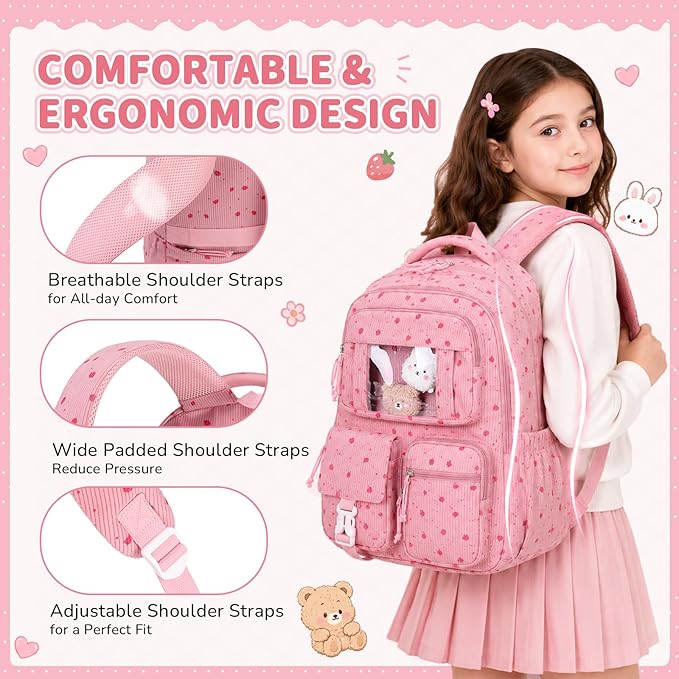 PIG PIG GIRL Corduroy Backpack 3PCS Kids Backpack for Girls School Bags for Middle School Students Book Bag for Elementary Primary Kawaii Ita Backpack with Lunch Box Pencil Case Set, Pink Strawberry