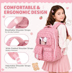 PIG PIG GIRL Corduroy Backpack 3PCS Kids Backpack for Girls School Bags for Middle School Students Book Bag for Elementary Primary Kawaii Ita Backpack with Lunch Box Pencil Case Set, Pink Strawberry