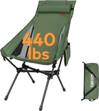 TOBTOS Portable High Back Camping Chair, Support 440 lbs, Ultralight Folding Chair with Head Support, Compact Backpacking Chair for Outdoor Camp Backpacking Fishing (Green)