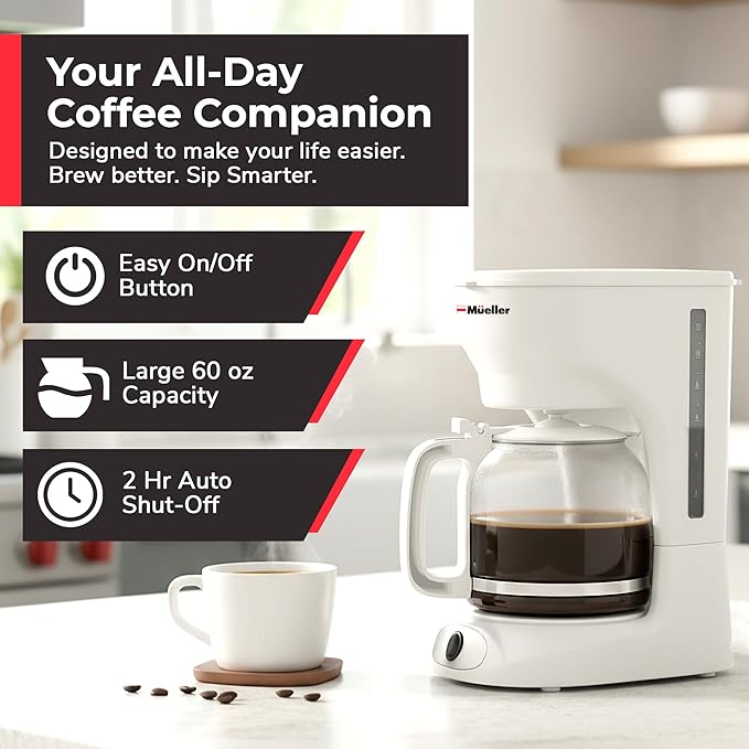 MUELLER HOME 12-Cup White Coffee Maker - Borosilicate Carafe, Auto-Off, Reusable Filter, Anti-Drip, Keep-Warm Function, Clear Water Level Window, White Kitchen Accessories