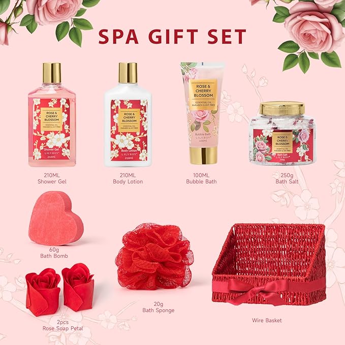 Gifts for Women, Mothers Day Gift Basket for Mom, Bath and Body Gift Basket Set for Mom - 9 Pcs Rose Spa Gift Baskets for Women, Gift Set | Christmas Gifts, Birthday, Valentines Day, Gift Sets for Mom