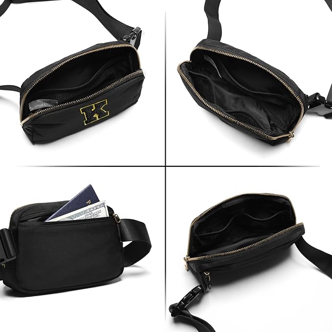 Gitus Belt Bag Fanny Pack Crossbody Bags with Initial Letter Patch Gifts for Wife Older Women Mother Coworker Bridesmaid Anniversary Travel Gifts Beach Gifts (Black-K)