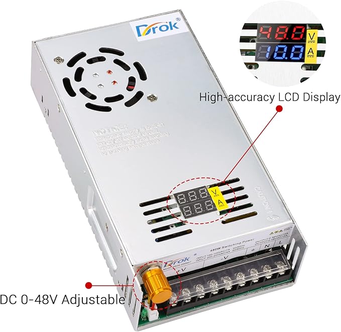DROK 48V Power Supply, AC 110V/220V to DC 0-48V 10A 480W Buck Converter Dual Display, Variable Adjustable Transformer Regulated 5V 12V 24V 30V 36V 48V Volt Switching Voltage Adaptor 10A Amp Charger