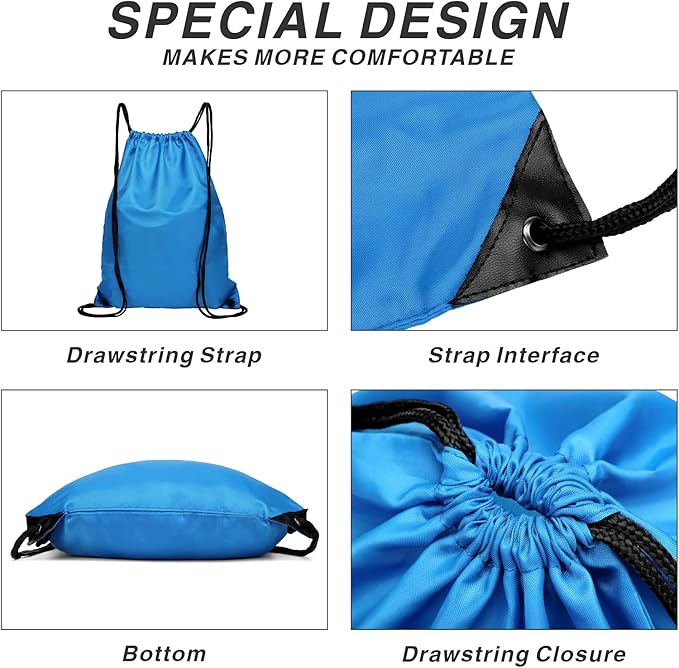 Drawstring Backpack Sports Water Resistant String Bag Sport Gym Sackpack for Women Men Large with Zipper, Neon Blue