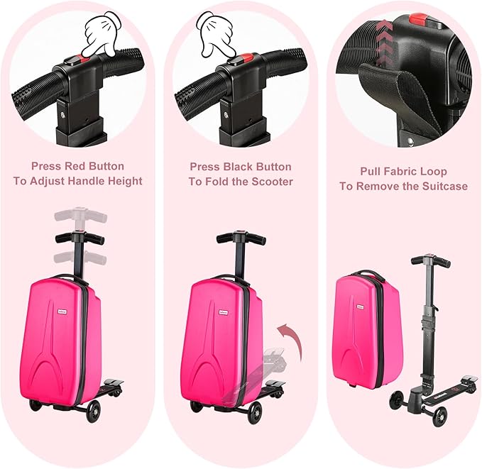 Scooter Luggage for Kids Scooter Suitcase for Ages 4-12, 4 in 1 Kids Luggage Boarding Suitcase Detachable & Foldable Scooter Travel Trolley Ride On Luggage-Fuchsia