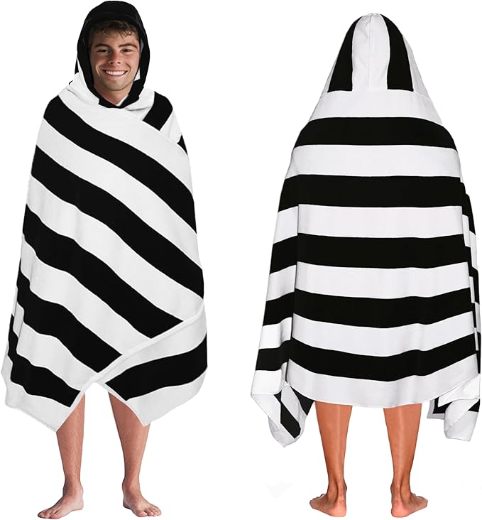COTTON CRAFT Hooded Beach Towel – Oversized 35 x 70 Towel with Hood for Adults - 100% Cotton Velour Dobby Terry Towel - 450 GSM Pool Bath Wrap - Soft Absorbent Quick Dry – Cabana Stripe Black